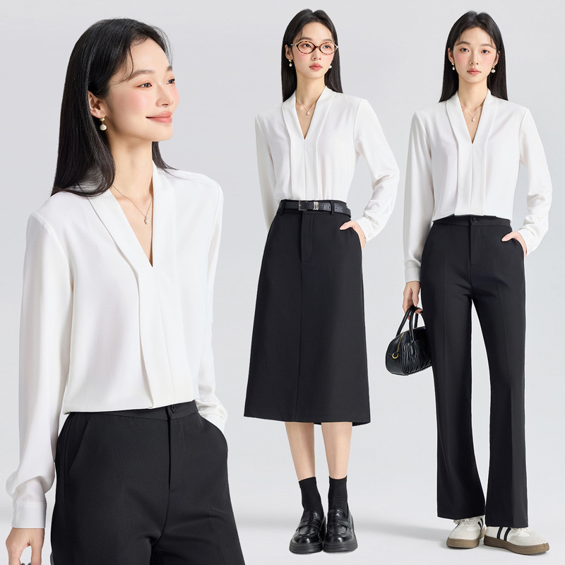 White V-Neck Shirt for Women, 2026 New Style, Trendy This Year, Super Stylish, Suitable for Wearing under a Suit, Professional Long-Sleeve Shirt Set