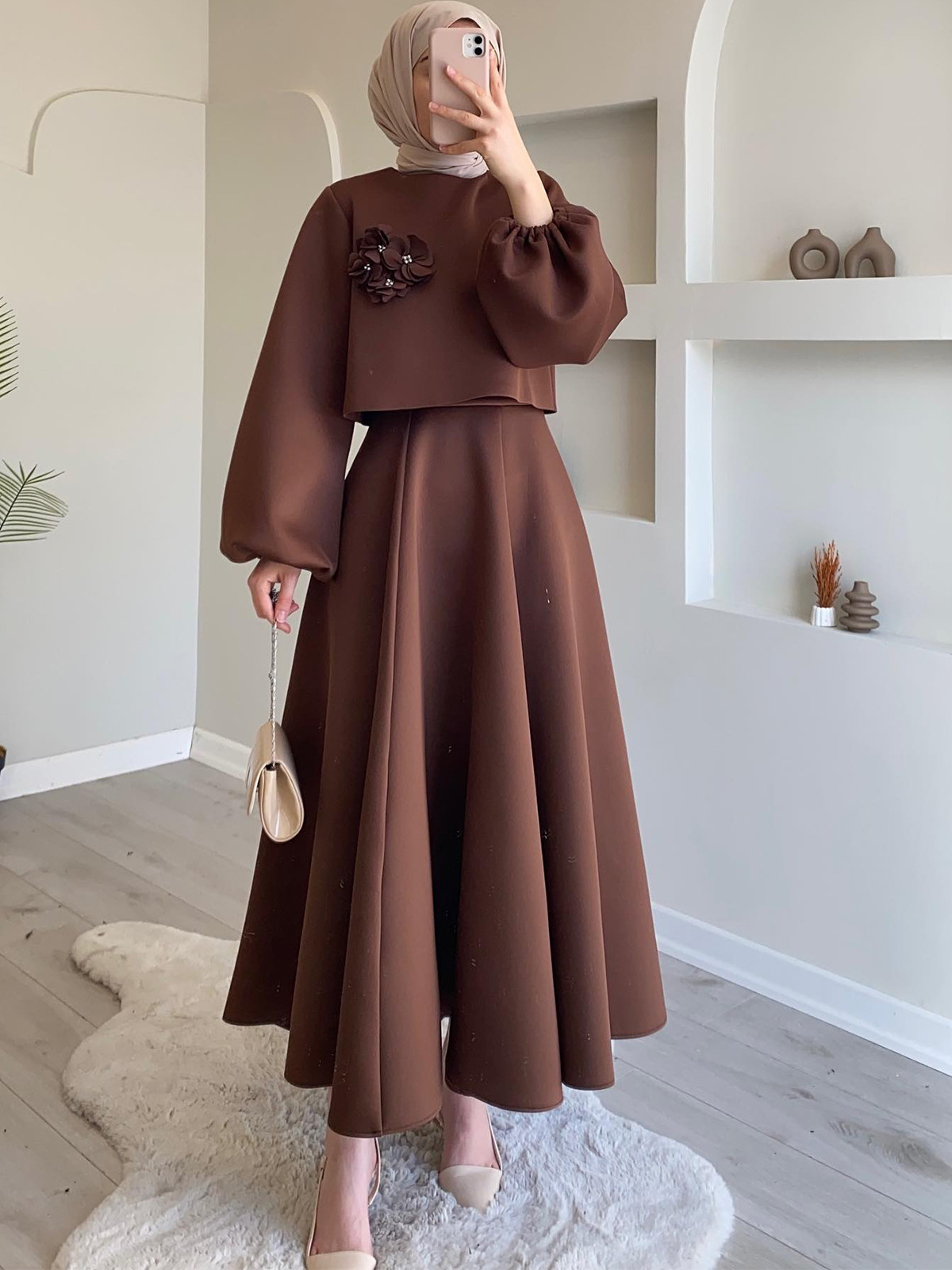 2025 Autumn New Floral Lantern Sleeve Loose Dress Women's Two-Piece Set