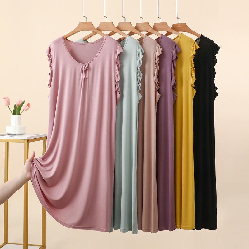 Summer Thin V-Neck Lace Sleeveless Dress for Women, Modal Loose Versatile Nightgown, Slimming Plus-Size Home Dress