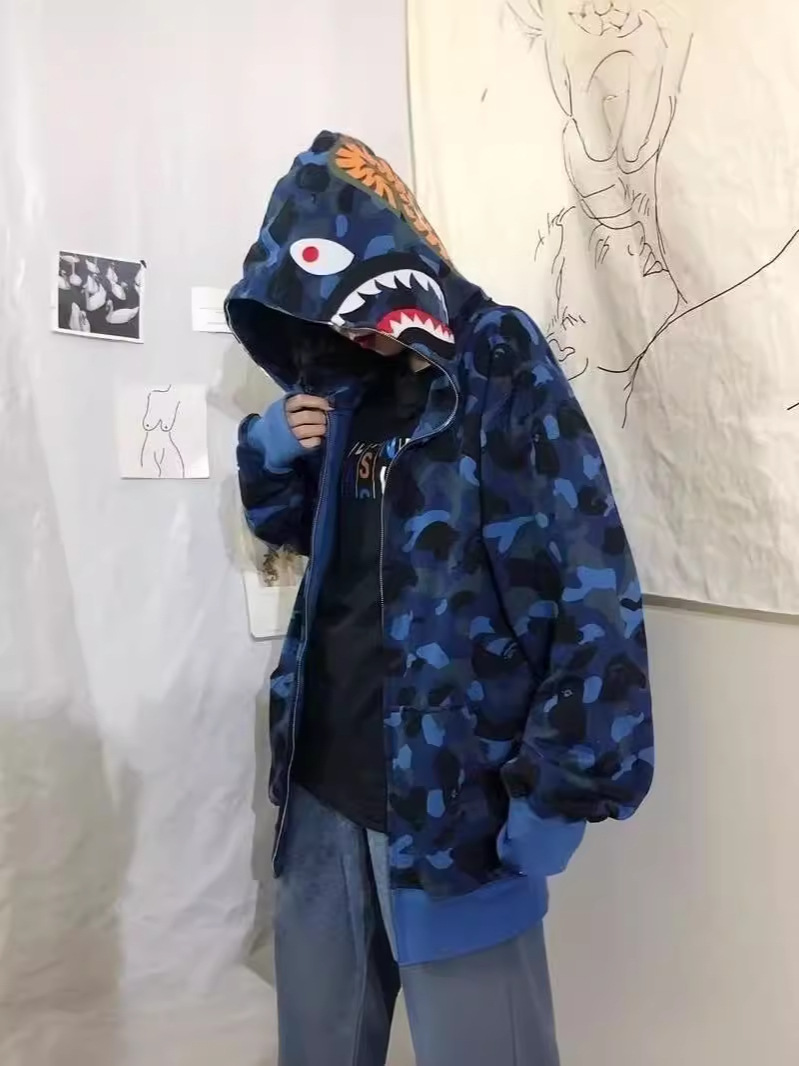 Spring and Autumn American Foreign Trade Camouflage Hip-Hop Anime Shark Print Embroidered Jacket Loose Baseball Uniform Hooded Sweatshirt