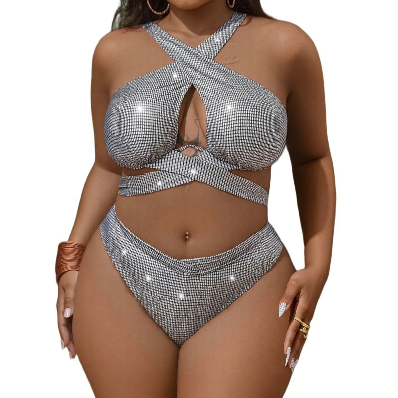 European and American Foreign Trade New Style Plus-Size Sexy Bright-Colored Plaid Front-Cross Bikini Swimsuit T909