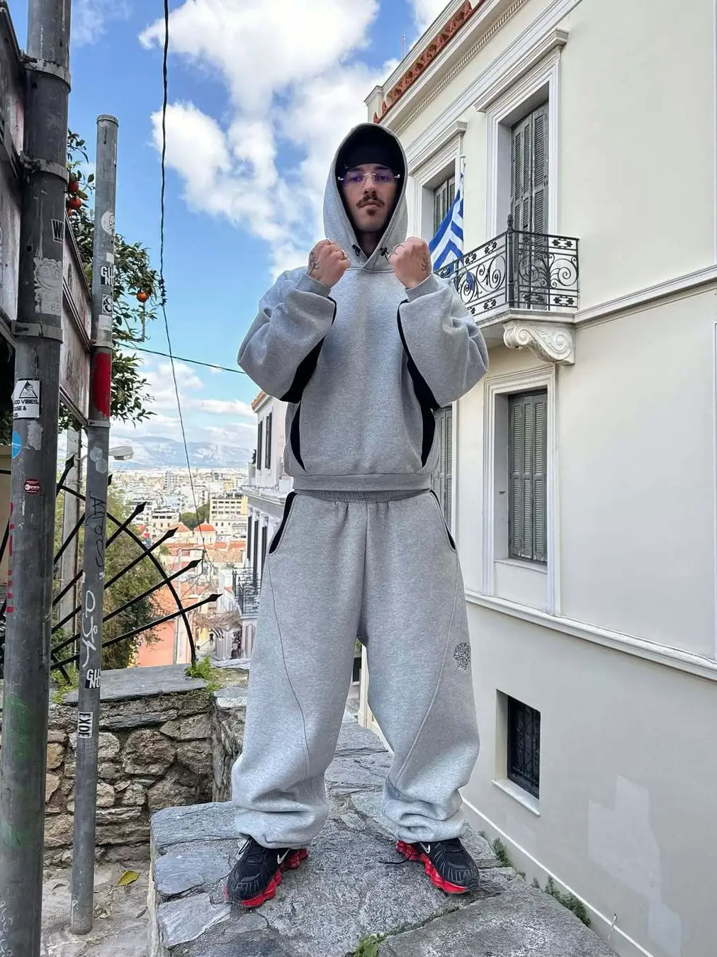 Mertra Heavy American Street Hip Hop Splicing Embroidered Pants Men's Trendy Brand Casual Hoodie Sports Set