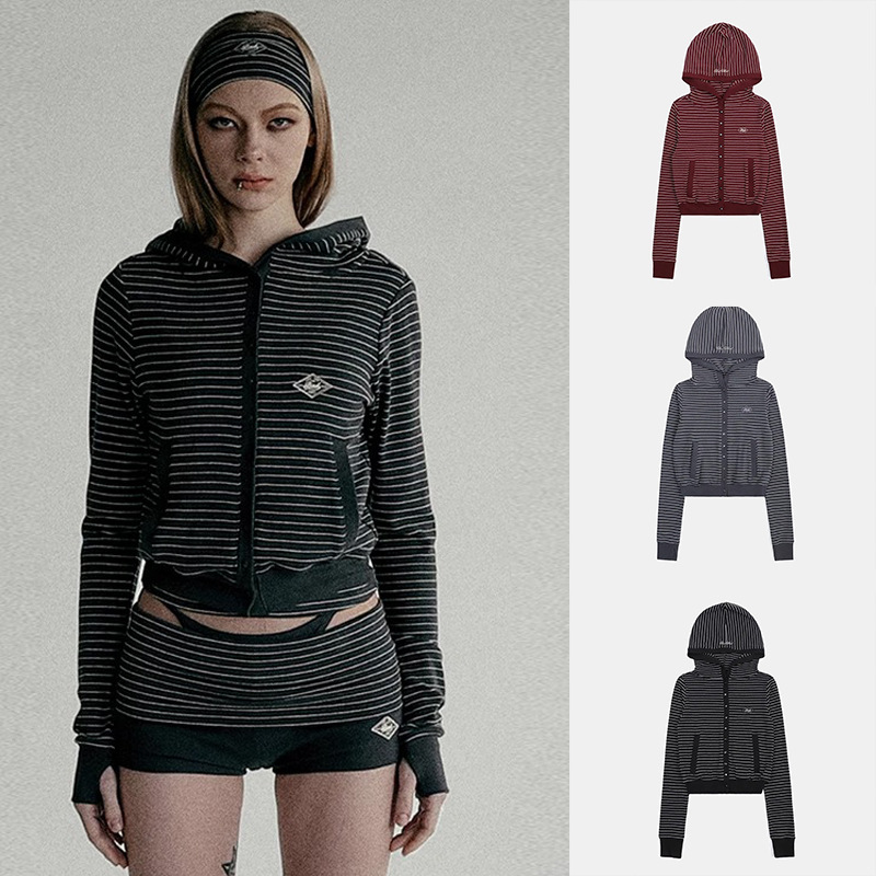 Korean Badblood Bcac Series American Sexy Stripesd Hooded Sweatshirt Women's Spring & Fall Retro Niche Jacket
