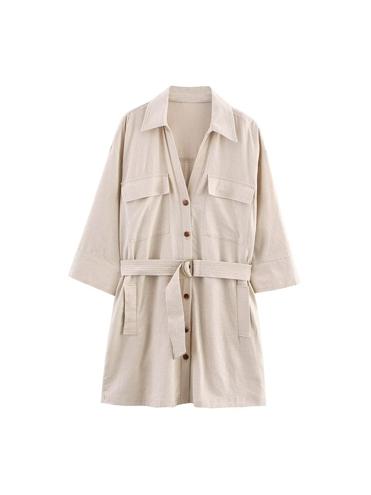 2025 Summer New Stylish V-Neck Workwear Style Women's Belted Linen Blend Mini Dress