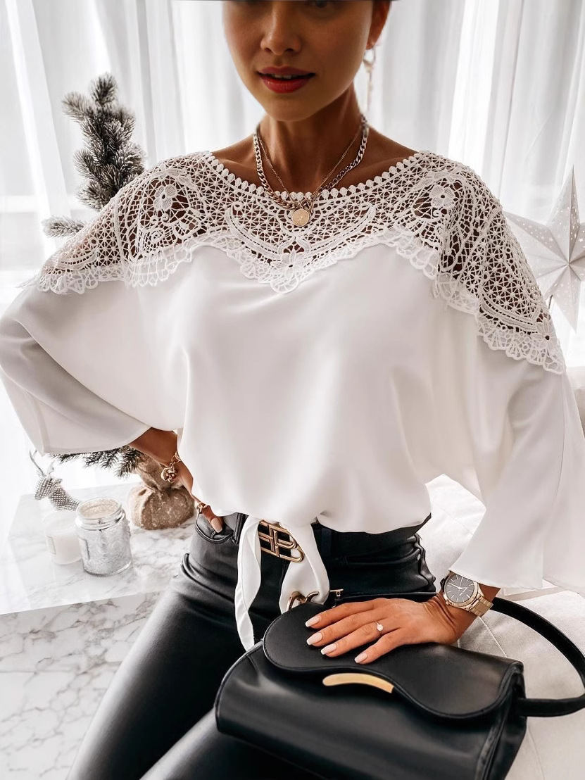 Amazon European and American Clothing 2025 Spring and Autumn New Lace Pure Color Shirt Foreign Trade Cross-Border Women's Shirt