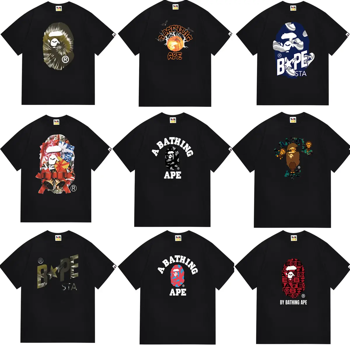 Cross-border wholesale 2024 summer new fashion brand classic ape-man camouflage lightning print men's and women's cotton short-sleeved T-shirt