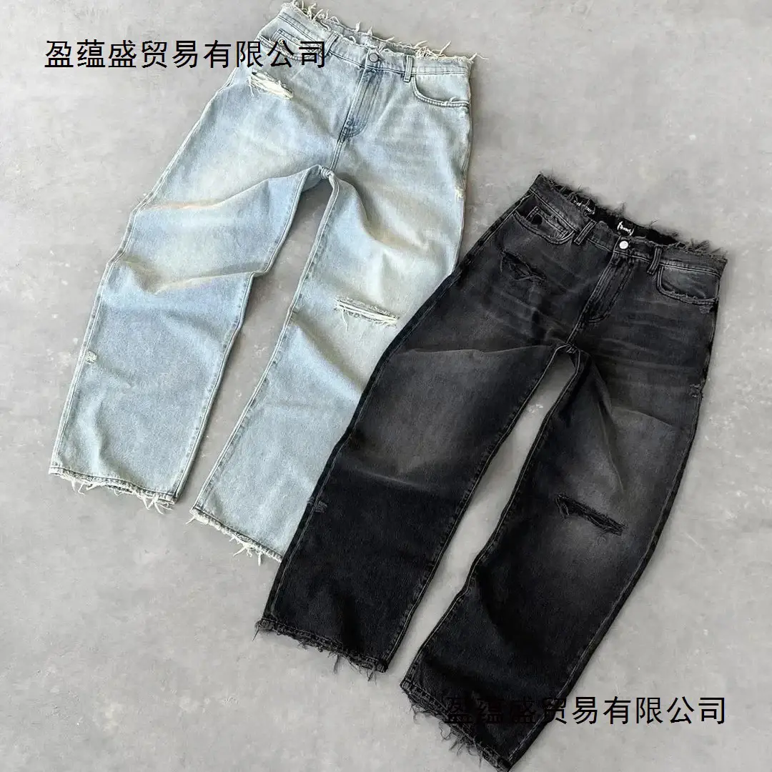 欧美跨境水洗做旧破洞纯色牛仔裤男女同款街头时尚休闲牛仔裤