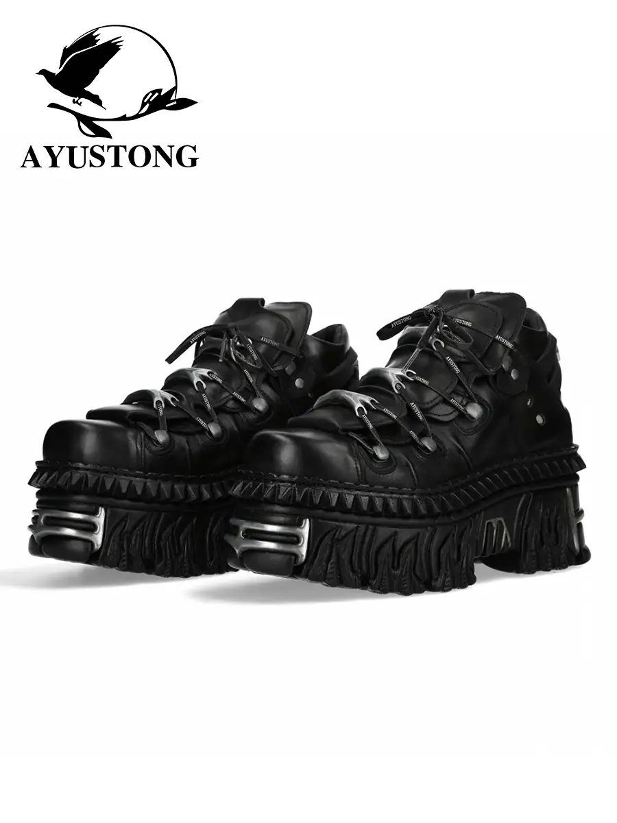 Ayustong Heavy Metal Platform Height-Increasing High-Top Shoes Punk Leather Shoes Gothic Dark Style Unisex Motorcycle Boots Trendy