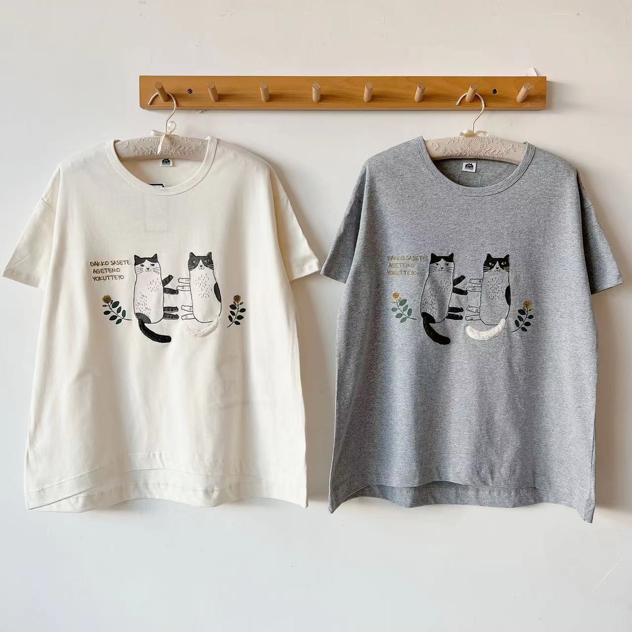 Japanese Kusuguru Embroidered Cat Women's Cotton T Crewneck Short-sleeved Shirt Cotton Casual 943 All-match Cotton Shirt