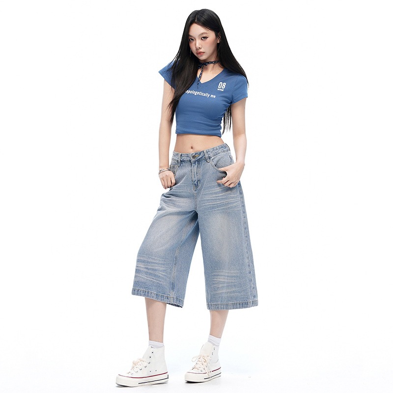 New American-Style Cropped Jeans for Women, Summer Loose Straight-Leg Workwear Casual Wide-Leg Pants, Mid-Length Shorts, Other Cotton