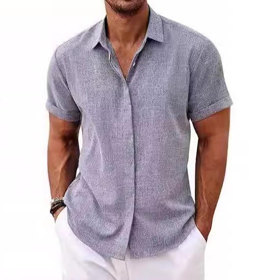 2026 European and American Cross-Border Foreign Trade Men's Linen Shirt Short-Sleeved Casual Shirt Button-Down Shirt Men's Beach Summer