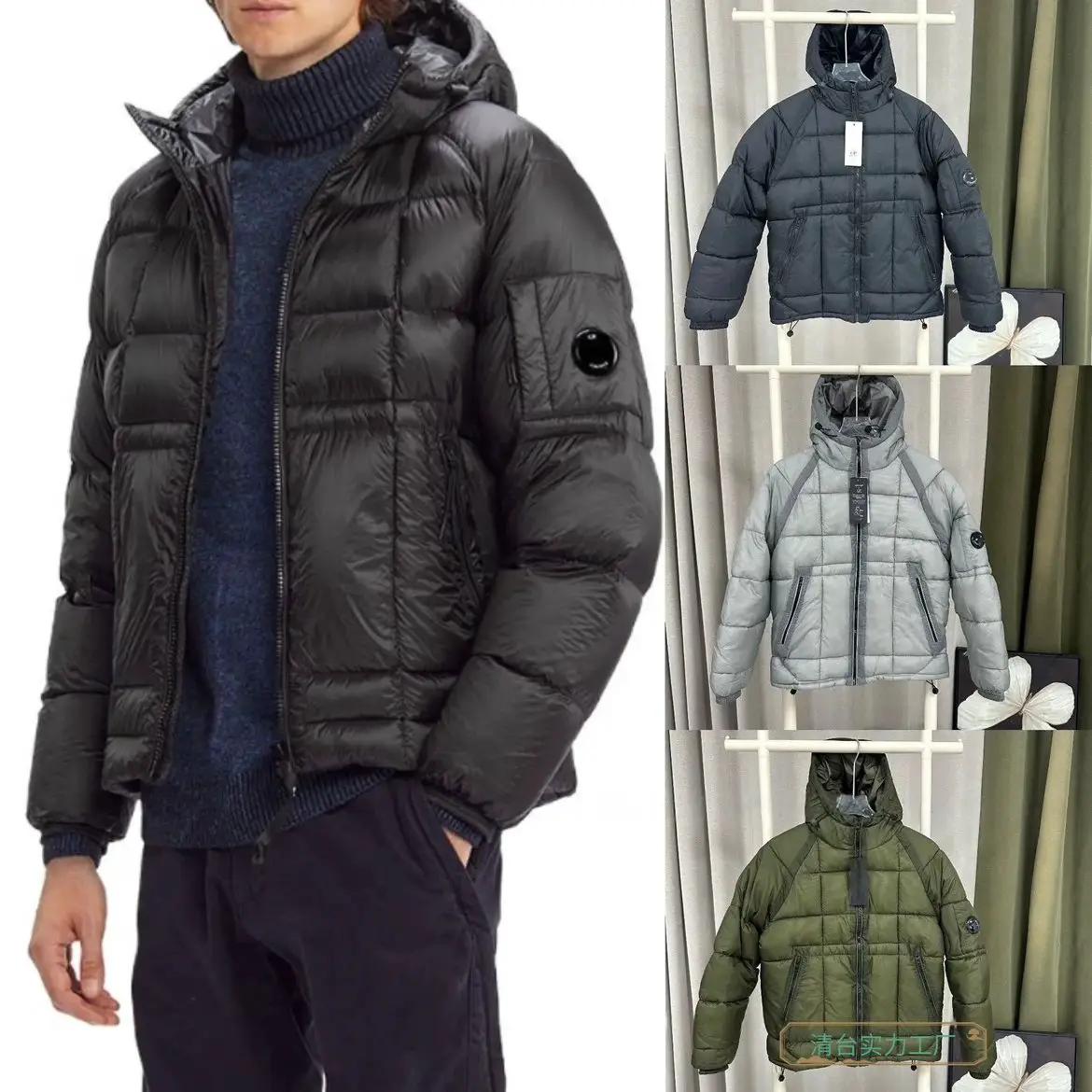 Cotton jacket men's plaid stitching badge lens American bread jacket hooded outdoor