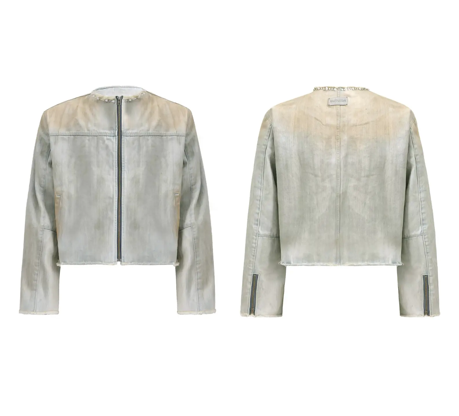 Unique Pearl-Embellished American Retro Frayed Vintage Denim Collarless Jacket and Jeans Set for Men, Trendy