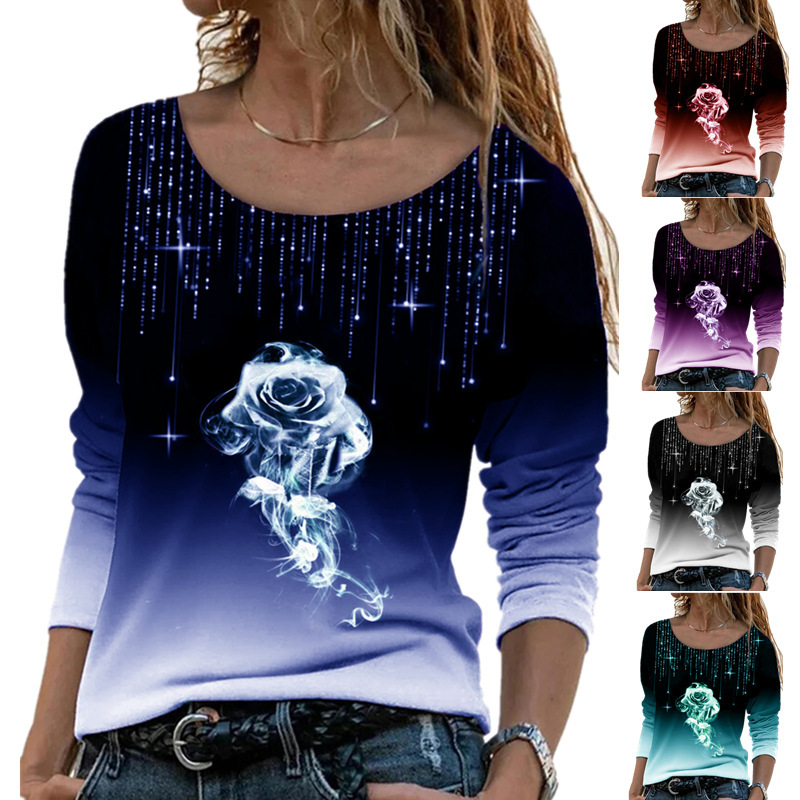 2021wish Amazon ebay European and American New Long Sleeve Loose Round Neck Casual Pullover Rose Printed T-shirt for Women