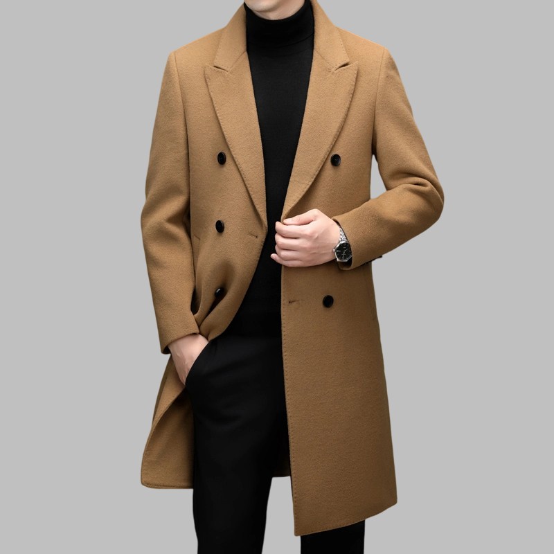 Big Brand Mid-Length Wool Coat with Double-Breasted Fashion Suit Collar, High-End Warm Men's Trench Coat with Rabbit Fur Lining