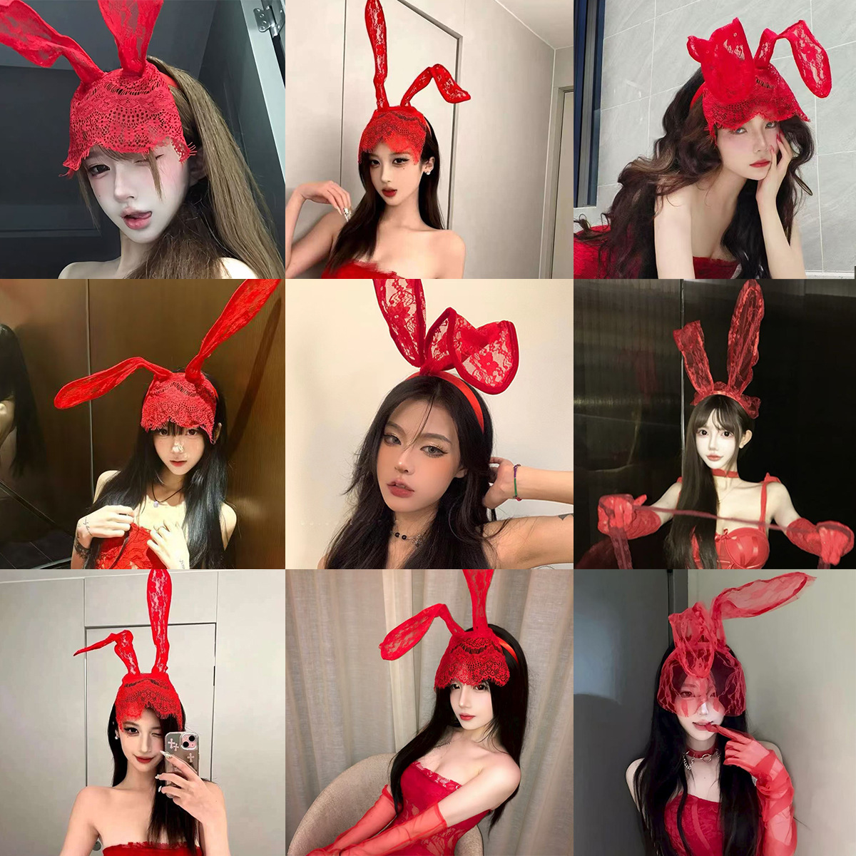 Internet Celebrity Lace Headband Rabbit Ears Headband High-End Red Headband Bunny Girl Party Dance Handmade Headwear