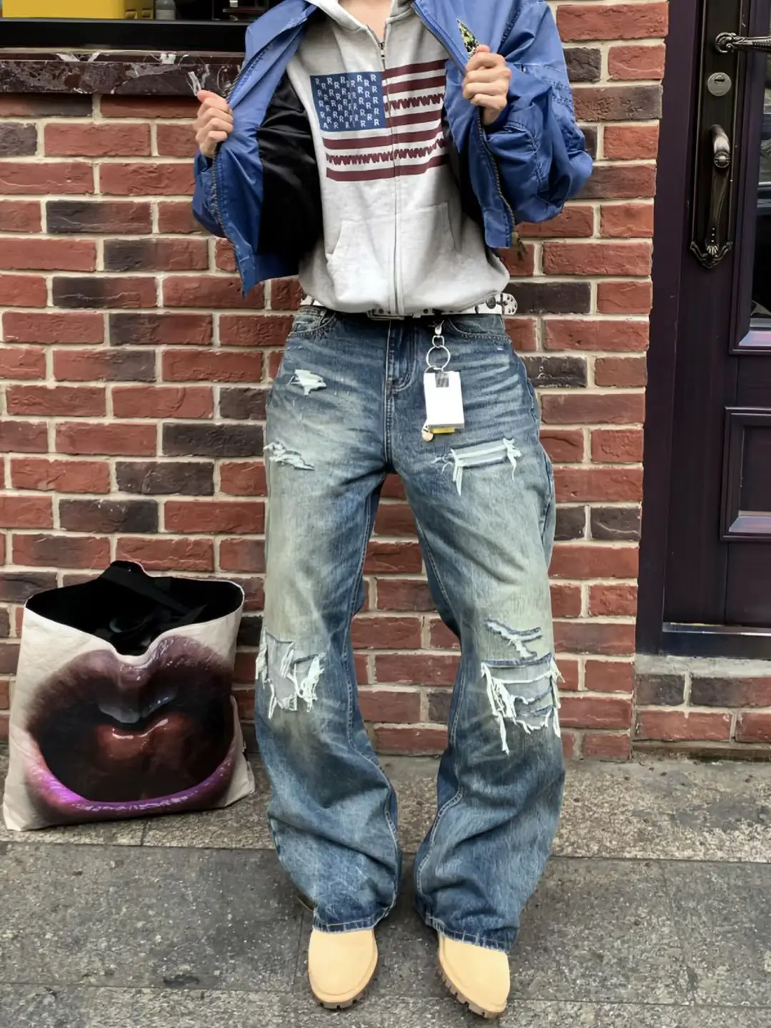 American High Street Retro Ripped Straight-Leg Jeans for Men, Autumn High-Waisted Loose Slimming Design Wide-Leg Long Pants