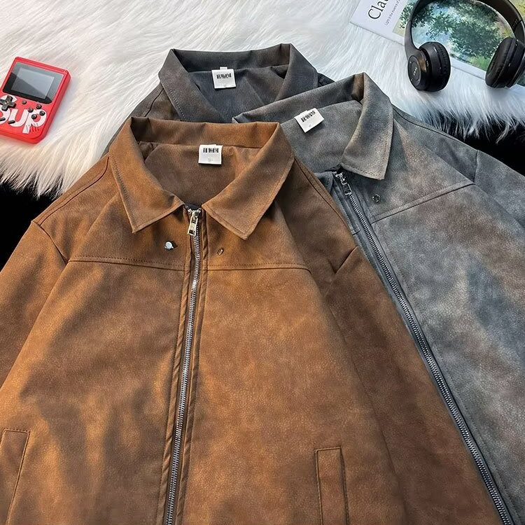 American-style Brown Leather Jacket Men's Trendy High-end Spring and Autumn vintage Motorcycle Jacket Short Workwear Baseball Suit