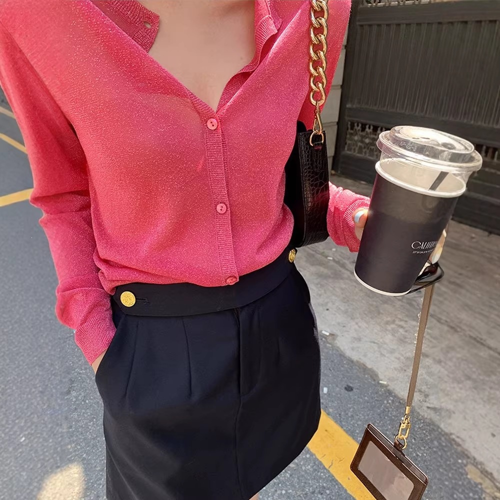 Spring and Summer Women's Clothing: Galaxy Shimmer Cardigan, Pink Dopamine Top, Thin Air-Conditioning Sun-Protection Knitwear