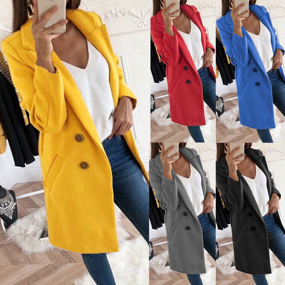 2026 European and American Amazon New Model Wish Hot-Selling Solid Color Lapel Mid-Length Buttoned Wool Coat for Women