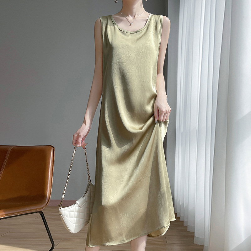2026 Spring and Summer New Style Gilded Satin Round Neck Suspender Dress Pure Color High Waist Sexy Design Long Dress for Women