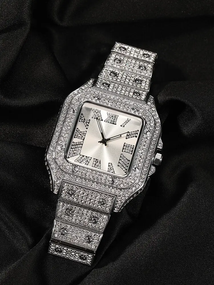 European and American Starry Sky Roman Numeral Quartz Watch, Men's Fashion Trendy Hip-Hop Style Full Diamond Square Watch
