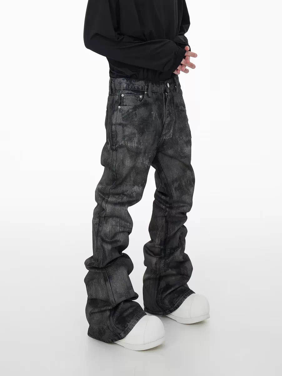 Astt 24S/S Handmade Glitter Coated Slim Fit Stacked Flared Denim Pants Trendy