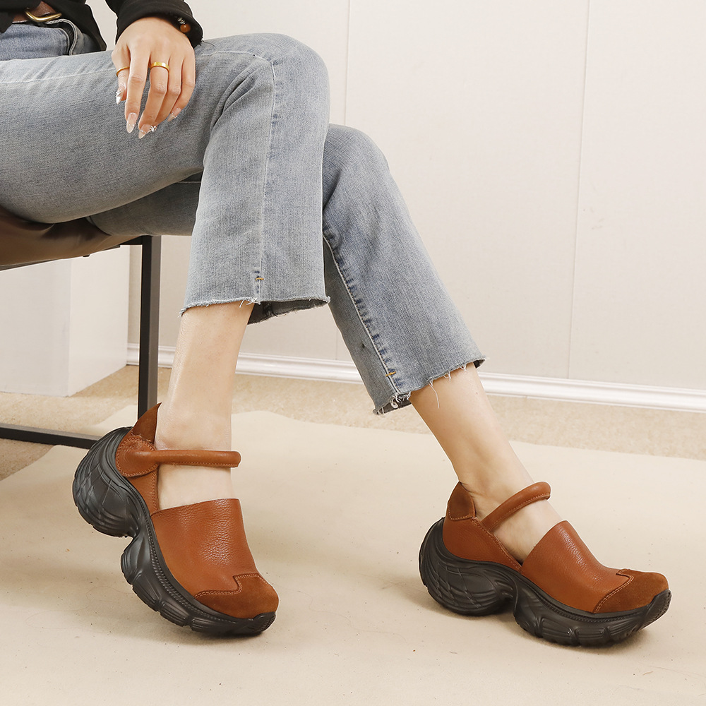 2025 Spring Shoes Women's All-match Top Layer Cowhide Thick Sole Light Soft Not Tired Dad Shoes Vintage Trendy Handmade Single Shoes