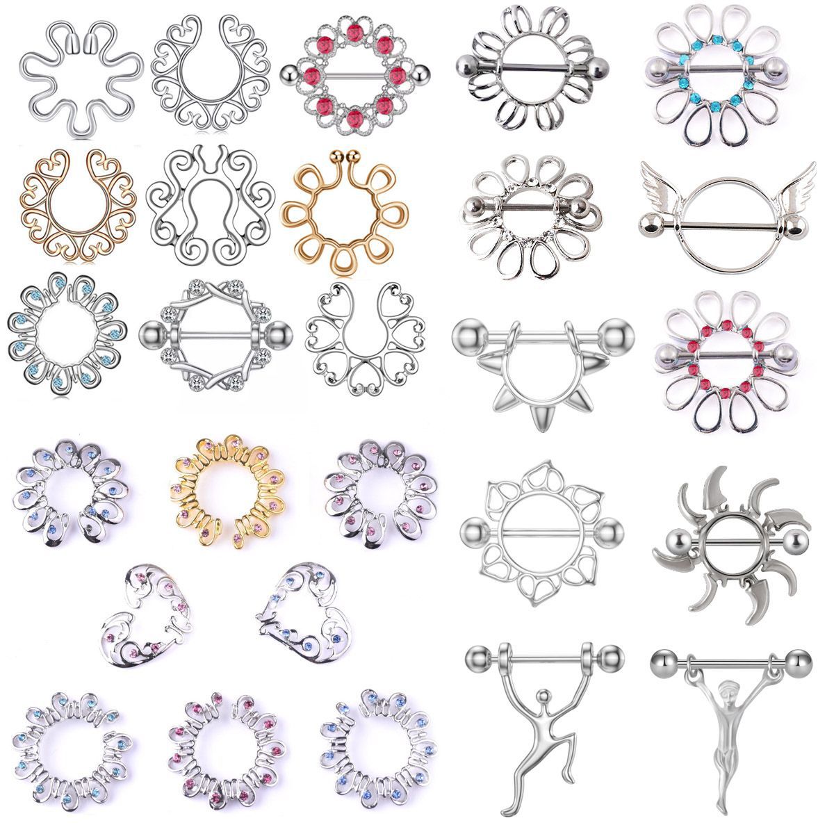 Cross-Border Hot-Selling Exquisite Nipple Rings Stainless Steel Flower-Shaped Fake Nipple Rings Peacock Screen Nipple Clamps Piercing Jewelry No-Piercing Nipple Studs