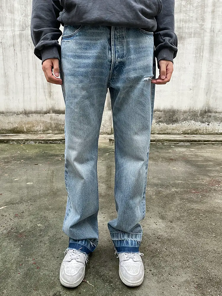 Mkszy Ce Annual Cow King Washed Blue Knife Cut Destroyed Leg Pulled Straight-Leg Leg Loose Retro American Jeans