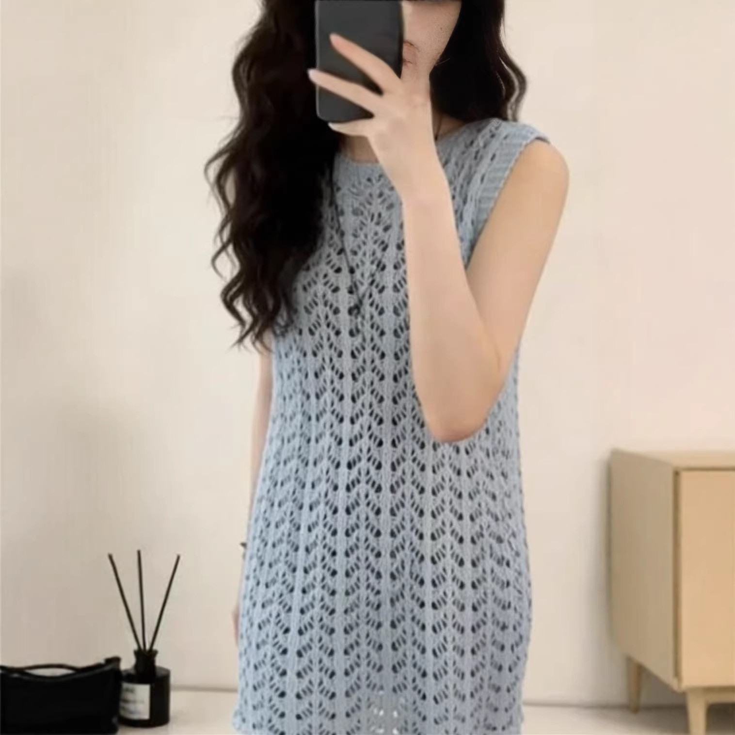Mid-Length Crochet Hollow-Out Knit Vest Dress for Women, 2026 Spring/Summer New Style, Elegant Layered Sleeveless Top
