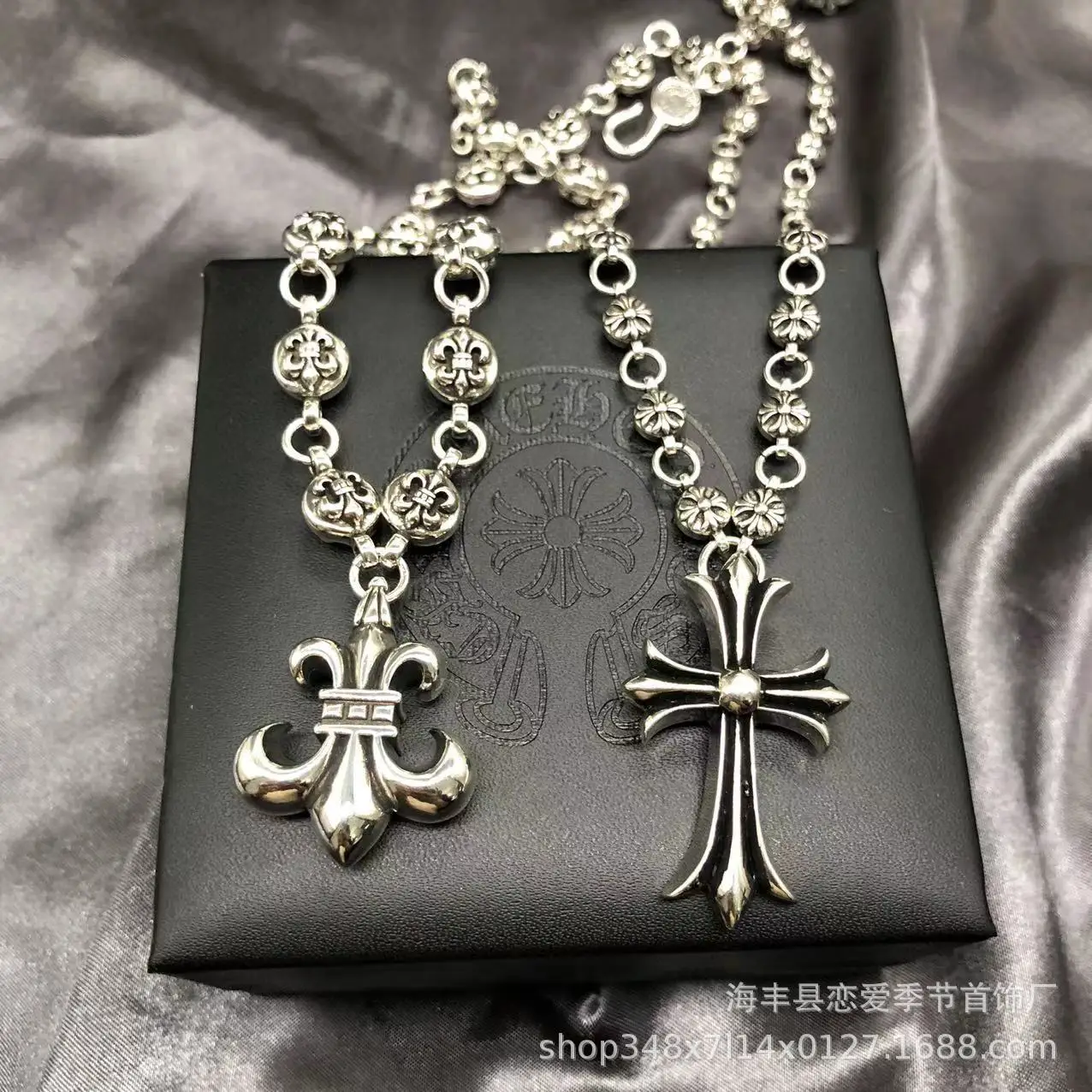 ch Crocker Jupiter cross anchor necklace S925 standard punk personality Europe and the United States retro Thai silver flower ball chain men tide female