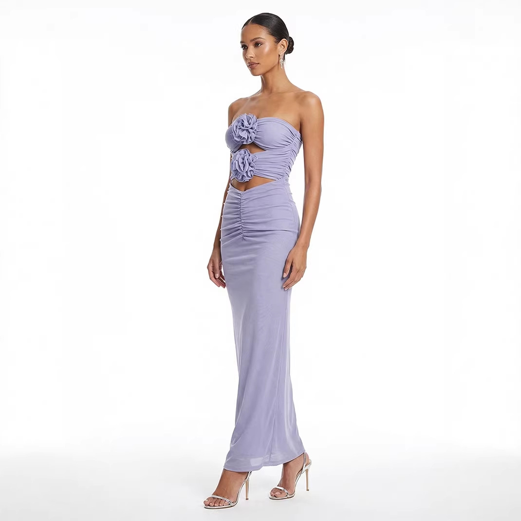 In stock | Purple Strapless Floral Sexy Hollow-Out Mesh Bodycon Long Dress with Waist-Cinching Slimming Effect for Parties