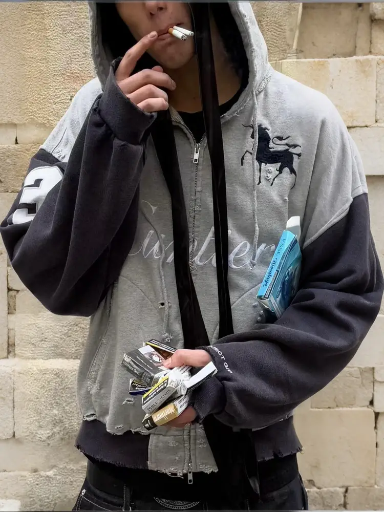 Project GR by Grailz washed Retro distressed destruction Patchwork Outwear Embroider warhorse zip hoodie