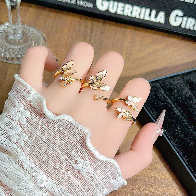 Sweet and Cute Pink and White Enamel Zircon Butterfly Open Ring Vintage Stackable Personality Ring