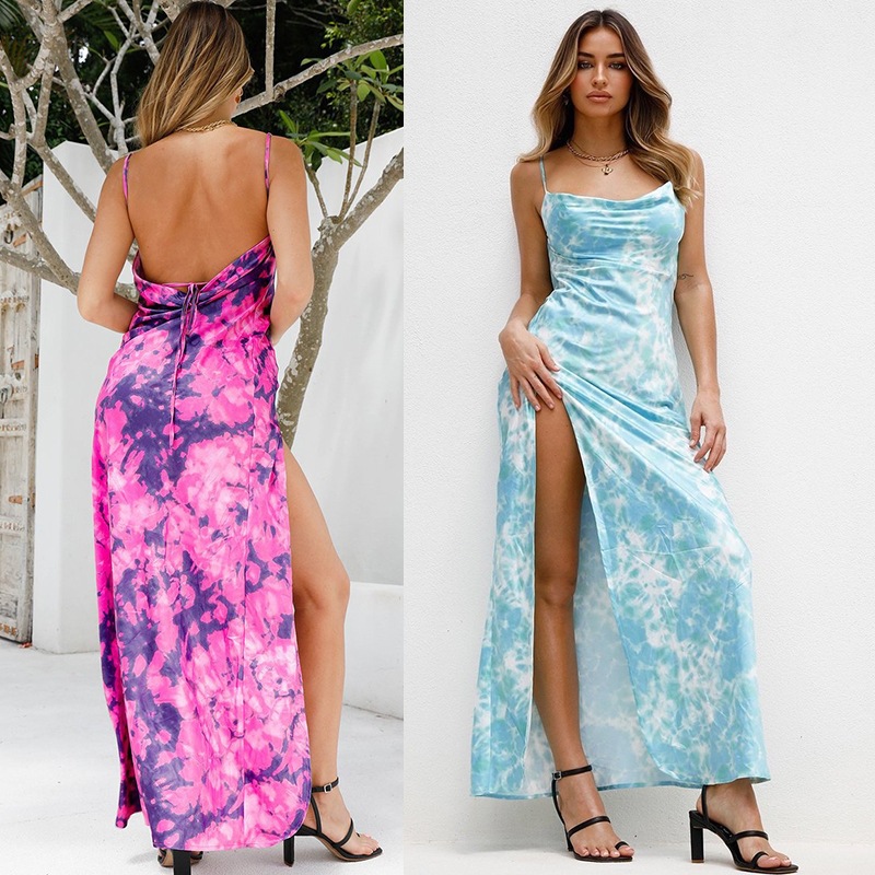 2025 Summer Sling dress Blue Tie-Dye Printed Milk Silk Dress Sexy Backless dress