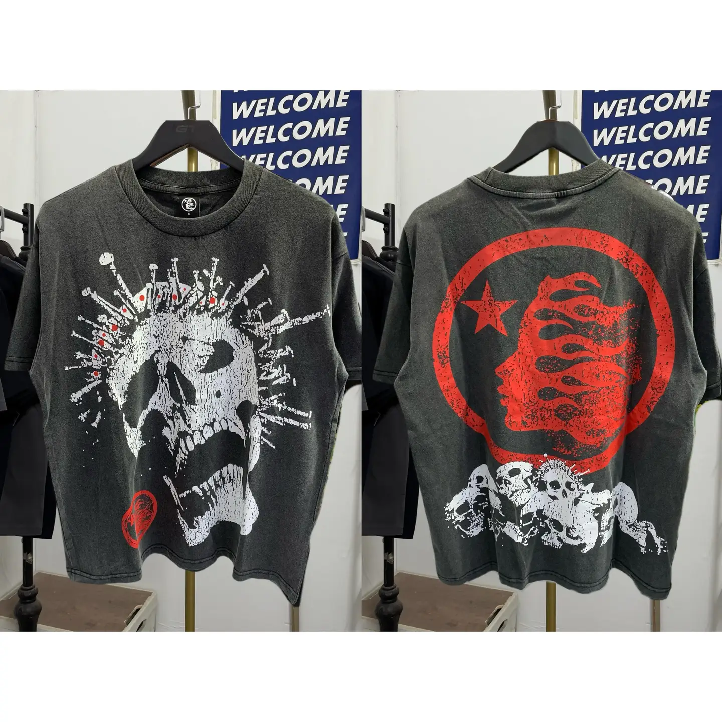 Hell Star American Retro Niche Trendy Brand Cartoon Print Washed Vintage Unisex Casual Short-Sleeve T-Shirt
