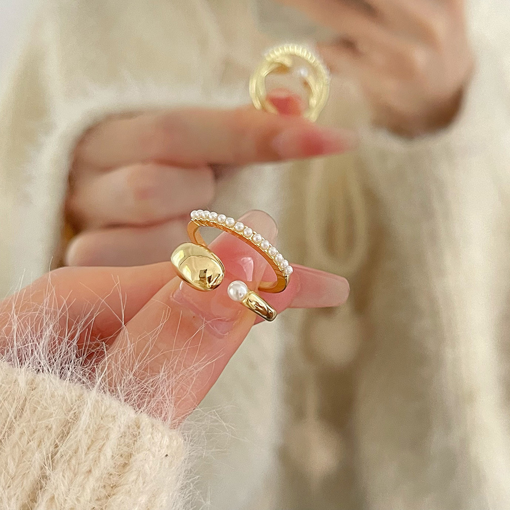 French Style Imitation Pearl Drop Ring Women's Simple All-match Stacked Finger Ring Niche Retro Two-piece Open Finger Ring