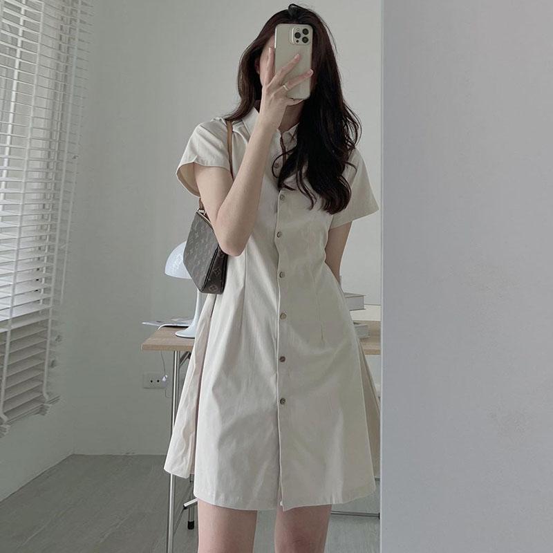 1688 Spring/Summer New Simple Elegant Lapel Single-Breasted Waist-Slimming Short-Sleeve Shirt-Style Dress for Petite Women