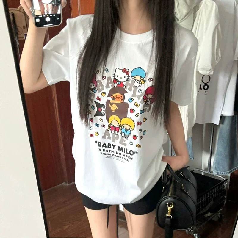Trendy APE Short sleeved T-shirt Co branded with Sanrio Cartoon Cute Middle and Large Children's Clothing Parent Child Wear SHARK BAPE Ape Man