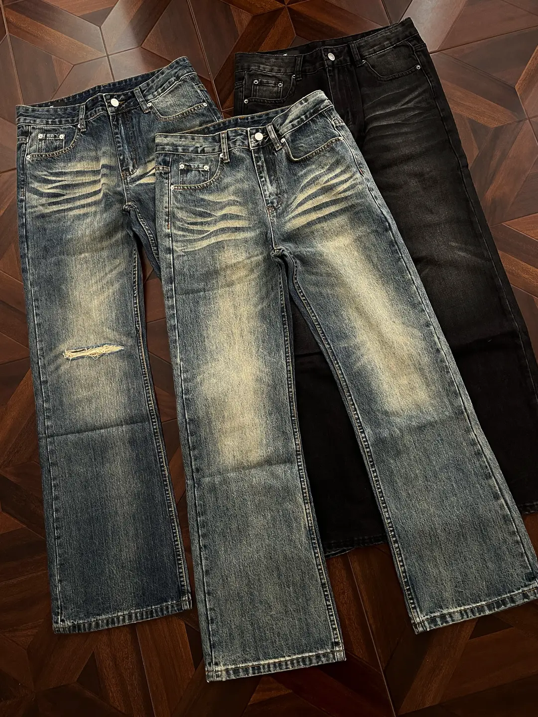 3CH "Green Ghost" American high street 517 version of washed cat whiskers cleanfit straight jeans men pants