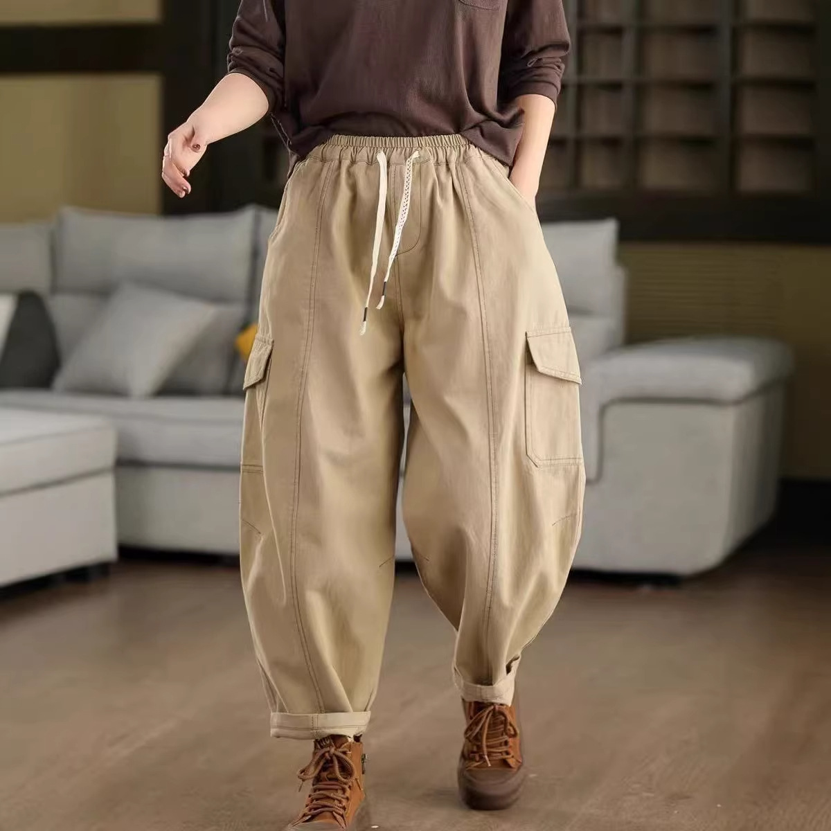 Workwear Harem Pants 2025 Simple Korean Fashion Drawstring Waist Design Slimming Versatile Loose Casual Long Pants for Women