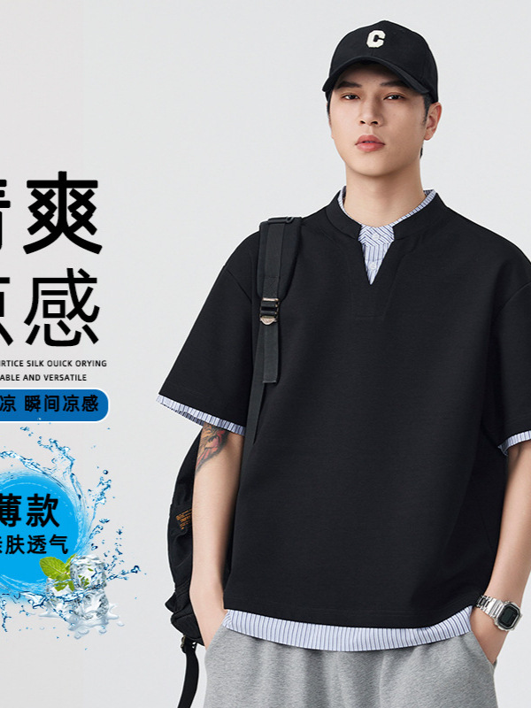2026 New Summer Thin Style Fake Two-Piece Spliced Short-Sleeve T-Shirt for Men, Loose American Retro Half-Sleeve Top