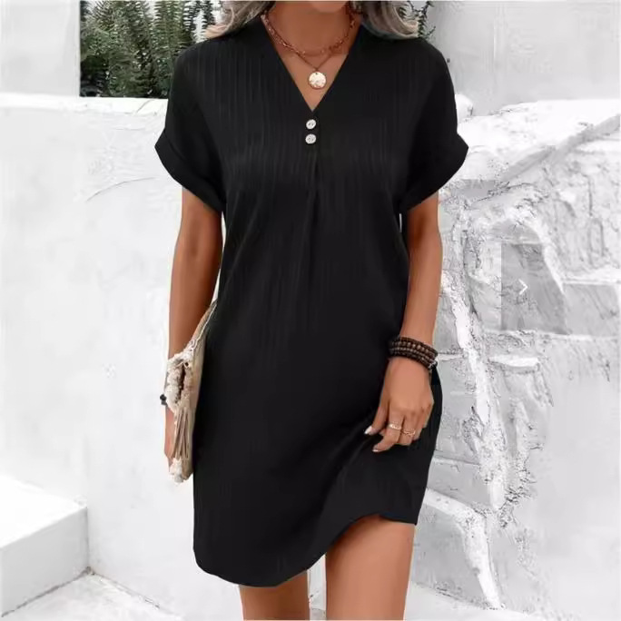 Cross-Border European and American Women's Clothing 2026 New Style Amazon V-Neck Solid Color Pullover Comfortable Casual Button Dress
