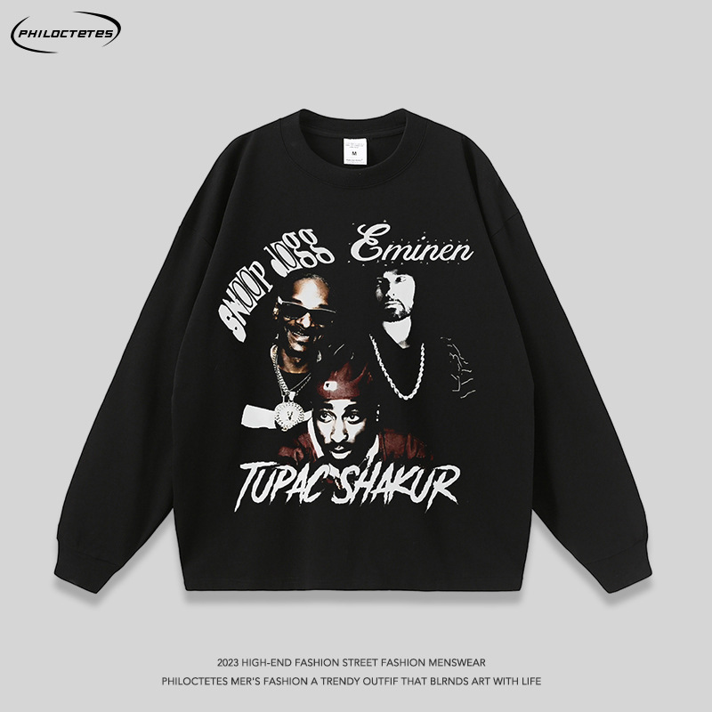 American high street dark rap portrait printing heavy distressed washed long-sleeved T-shirt men's and women's hip hop fashion brand cross-border t
