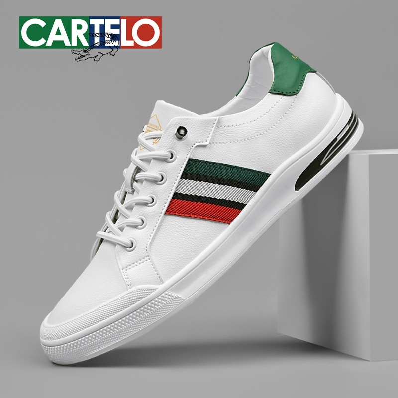 Cartelo Crocodile White Men's Shoes New Korean Style White Genuine Leather Soft-Soled Lightweight White Shoes Trendy Sneakers for Men