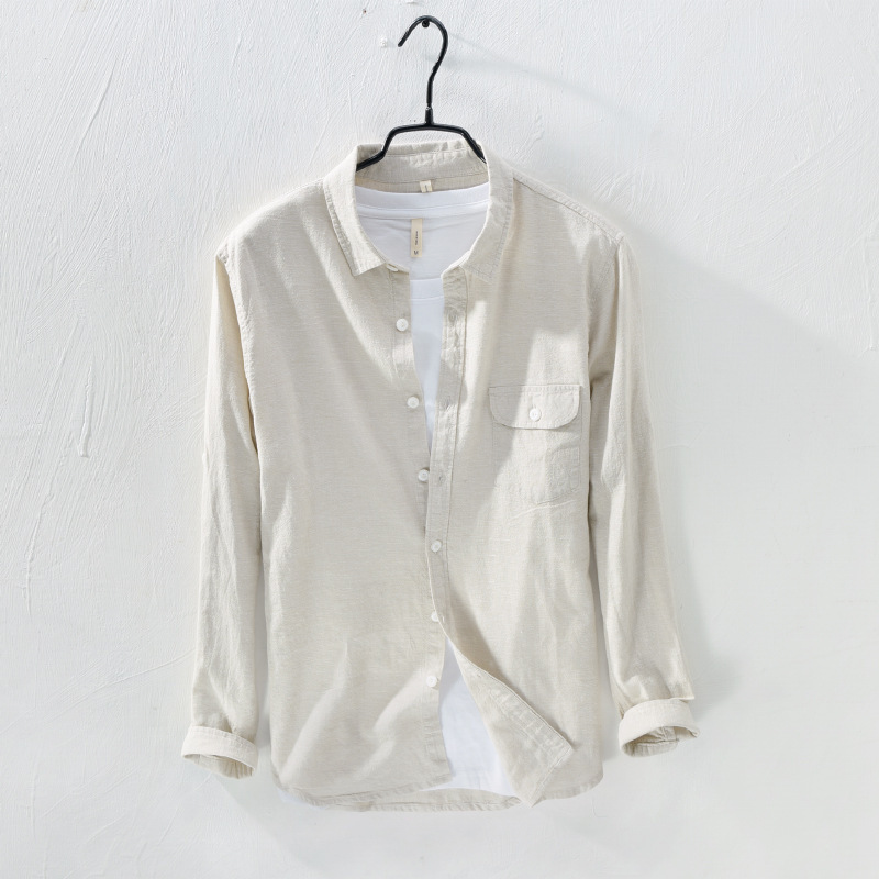 730 Spring and Autumn Casual Outer Wear Jacket Jacket Men's Loose Cotton and Linen Shirt Plain Long Sleeve Shirt Men's One-Piece Hair