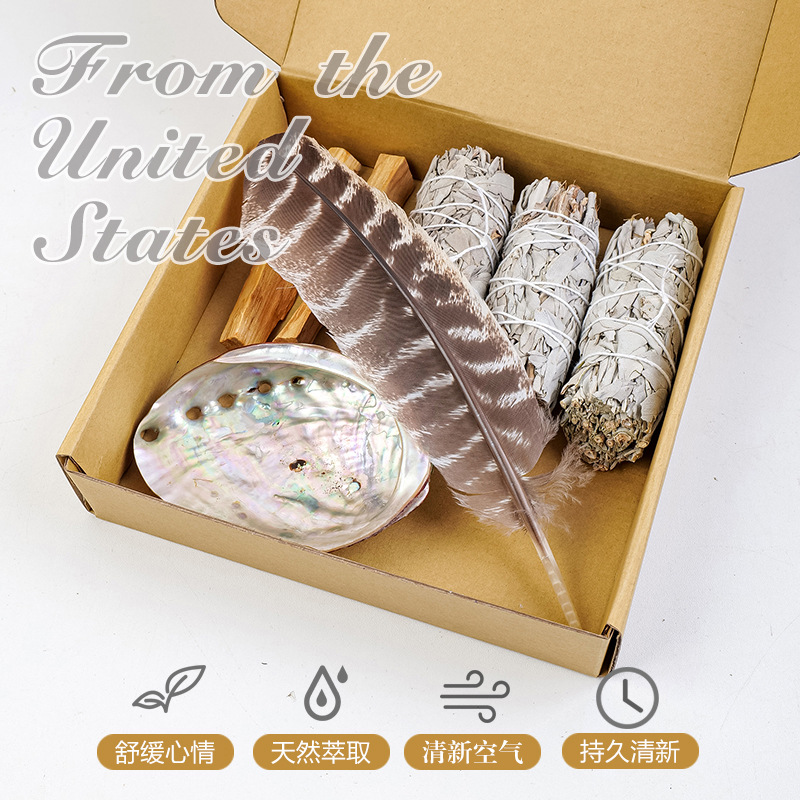 Cross-Border California White Sage Abalone Shell Turkey Feather Aromatherapy Set Indoor Purification Plant Aromatherapy Set