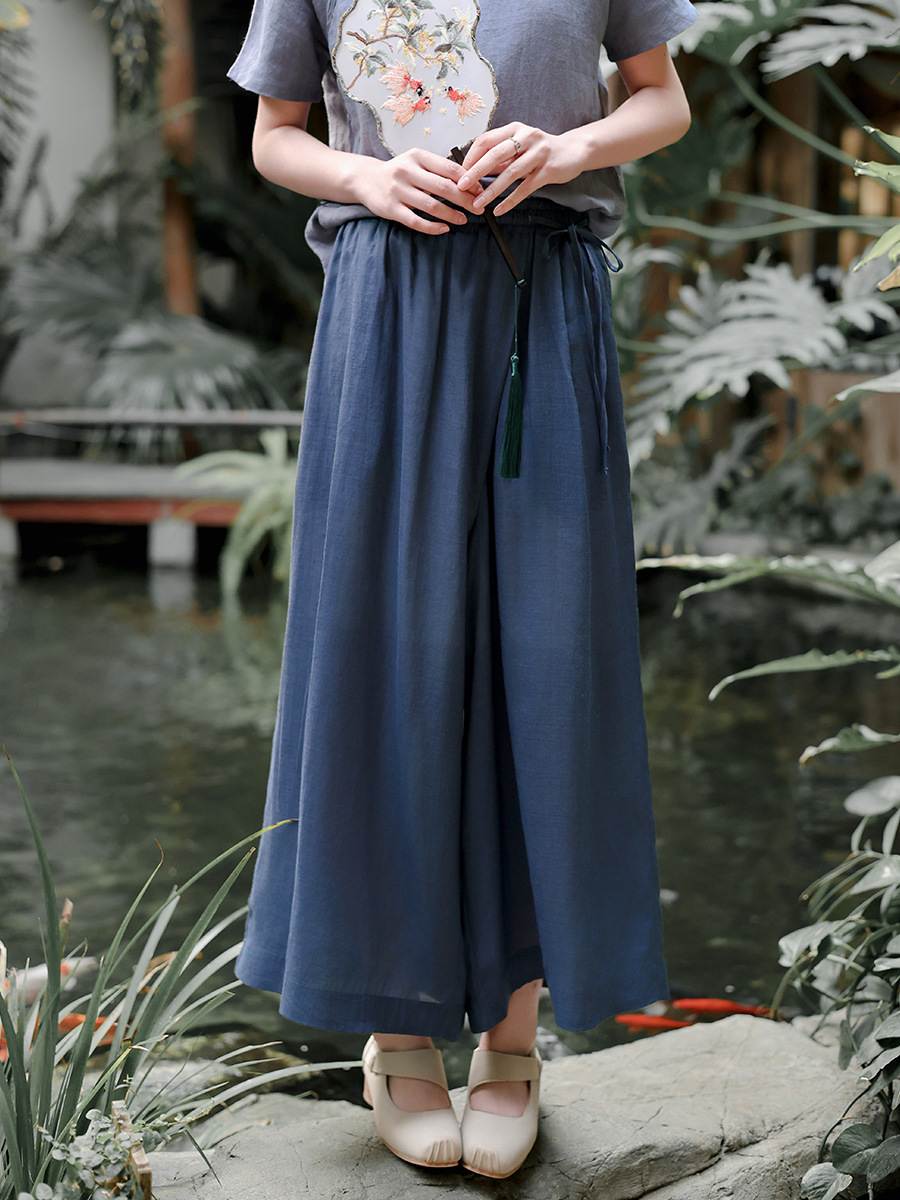 Retro Women's Clothing 2025 Spring New Chinese Style Wide Leg Pants Women's Ramie Drape Casual Pants Slim High Waist Skirts