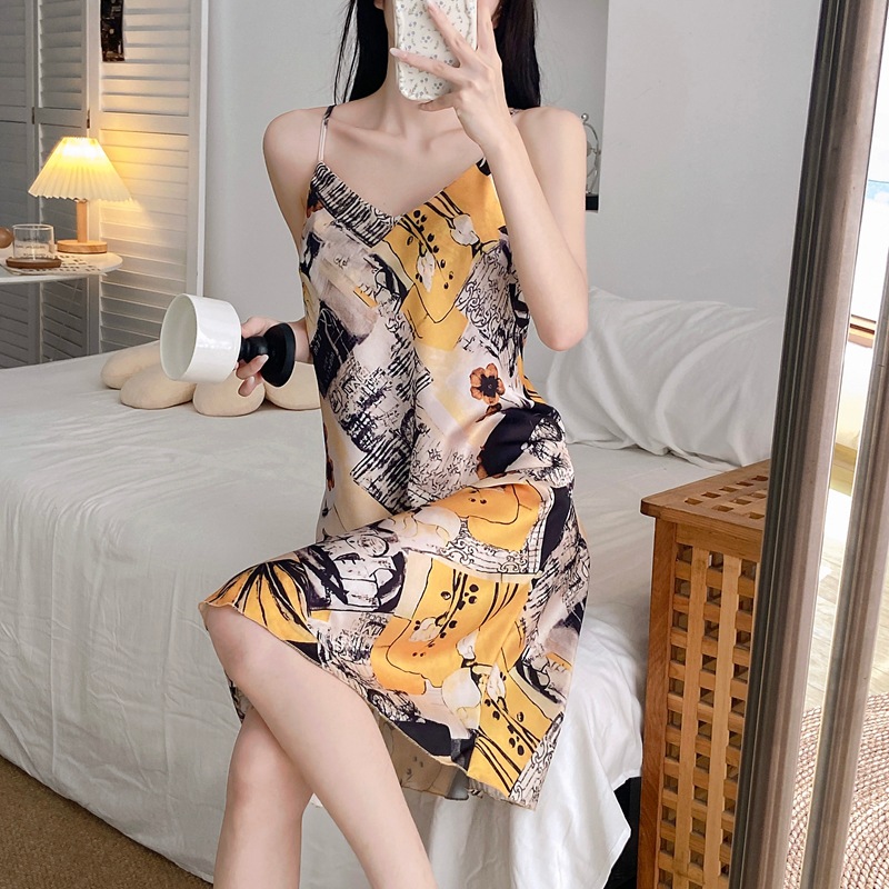 Summer New Sexy V Neck Suspender Nightgown for Women Thin Ice Silk Silky Cool Women's Printed Home Clothes